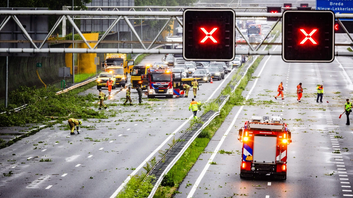 A15 bij Papendrecht dicht in beide richtingen door takkenregen en stormschade