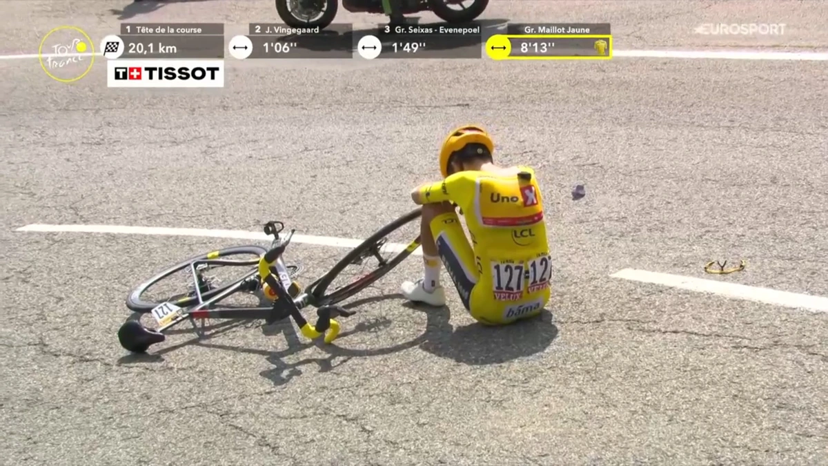 Afscheid in mineur van gele trui: Torstein Traeen tikt achterwiel van ploeggenoot aan en komt zo pijnlijk ten val in Tour