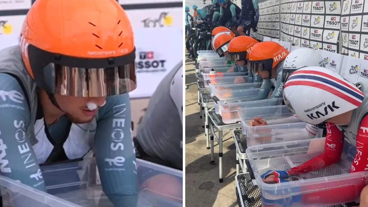Opmerkelijk beeld in Tour de France: volledig gefocust INEOS kiest voor bakken met ijskoud water vlak voor ploegentijdrit