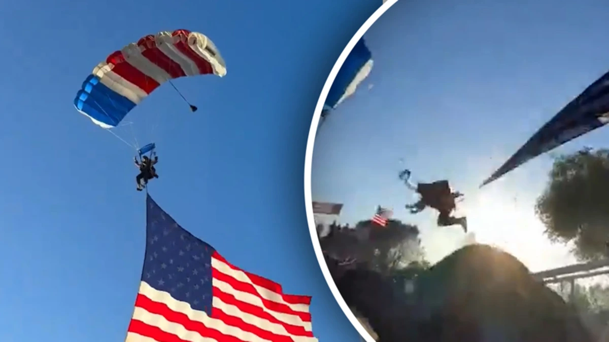 Beelden: Parachutist crasht met Amerikaanse vlag
