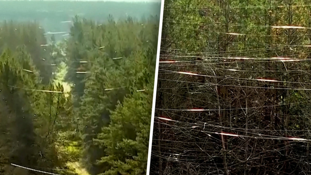 Bizar beeld: Oekraïens bos hangt vol met glasvezelkabel