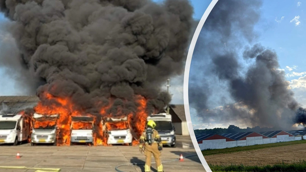 LIVE | Campers vatten vlammen bij grote stallingbrand in Almkerk