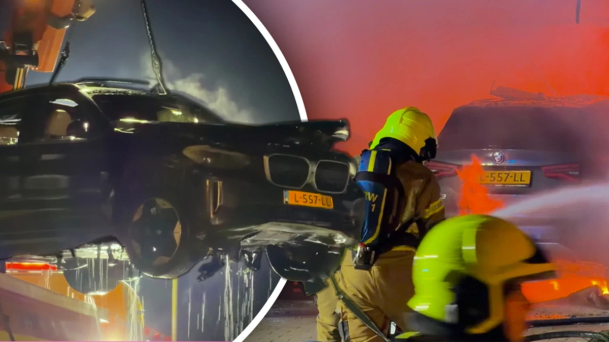 Explosie bij garage na vermoedelijke blikseminslag: elektrische auto’s in brand