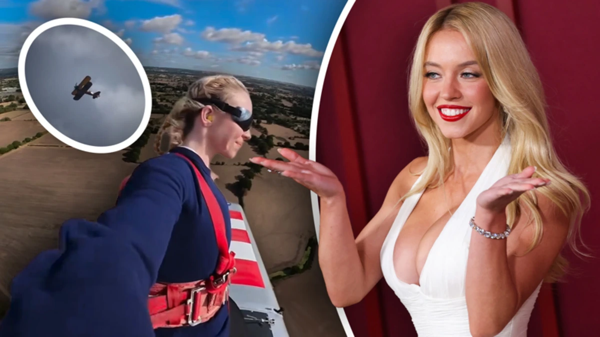 Actrice Sydney Sweeney doet levensgevaarlijke stunt op een dubbeldekkervliegtuig