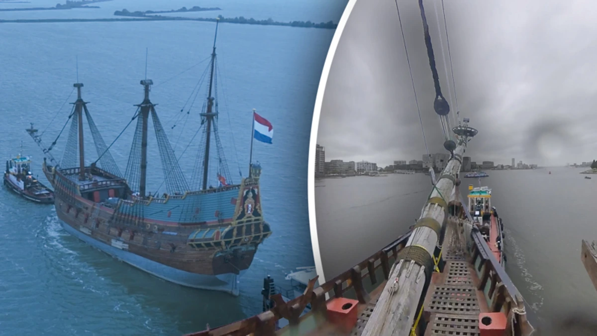 Timelapse beelden: replica VOC-schip Batavia komt aan in Amsterdam