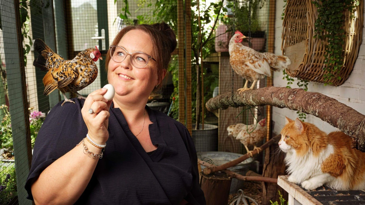 Linda (46) heeft negen kippen in de tuin van haar rijtjeshuis: ’Als ze allemaal tegelijk kakelen, schaam ik me voor de buren’