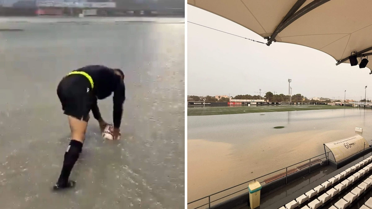 Beelden van veldinspectie op Ibiza gaan viral na hevige regenval: ’Scheidsrechter, spelen we dan toch wel?’