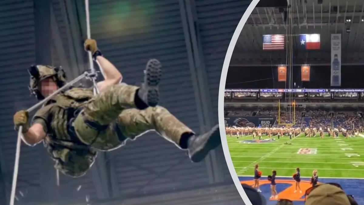Militair stort tientallen meters naar beneden tijdens voor ogen tienduizenden toeschouwers bij American football-wedstrijd