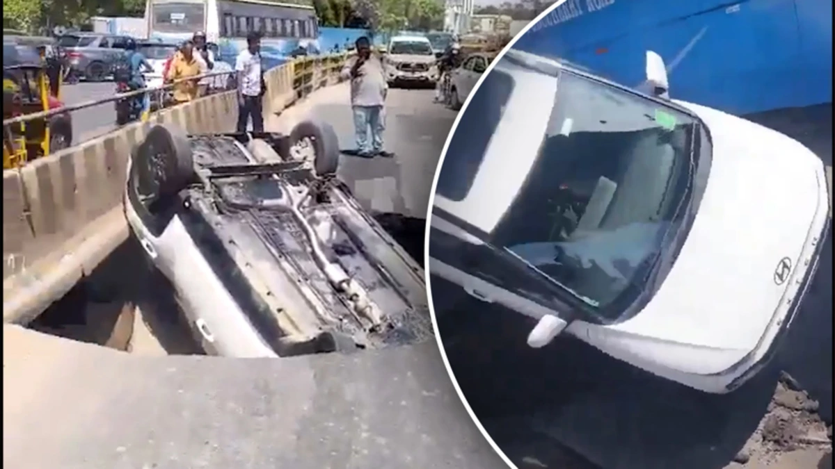 Bizar ongeval in India: auto verdwijnt in zinkgat