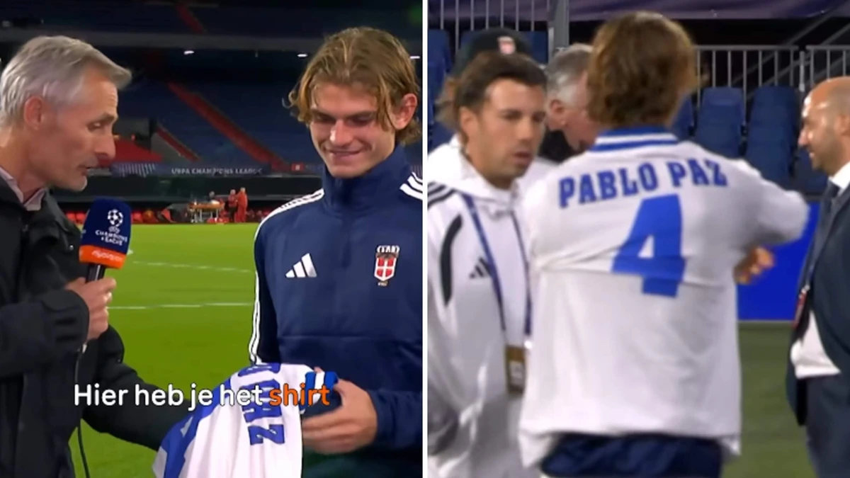 Voormalig Feyenoorder Kees van Wonderen overhandigt speler van Como na 30 jaar het shirt van zijn vader